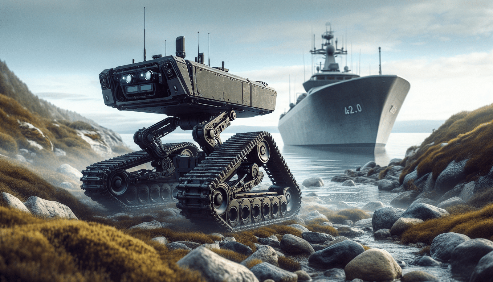 A dynamic composition featuring a robust, tracked military robot (like MUTT) navigating rough terrain in the foreground, with a modern, unmanned naval vessel patrolling calm waters in the background. Both showcase advanced, futuristic military design, depicting powerful autonomy.