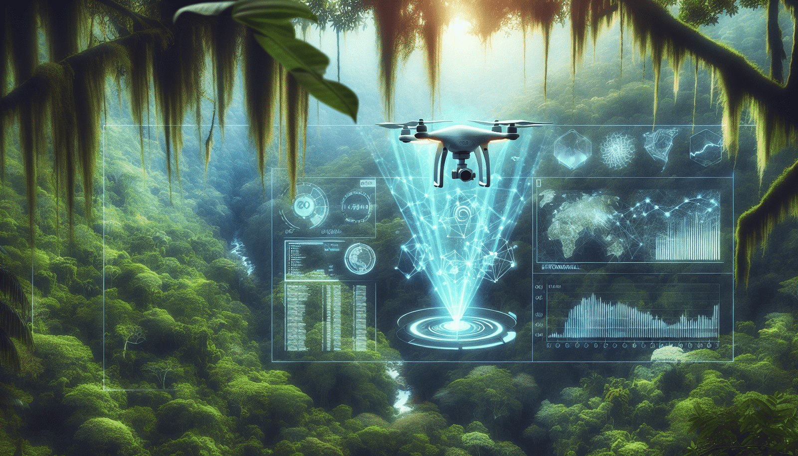 Un drone scientifique survolant une canopée luxuriante de la forêt amazonienne. Des faisceaux de lumière ou des auras colorées émanent du drone, symbolisant la collecte de données sur l'air (gaz à effet de serre) et la santé de la végétation. Un affichage holographique transparent superposé montre des graphiques et des cartes de données environnementales. Style: Photographie de nature avec éléments futuristes, lumineux, vue aérienne, grand angle.