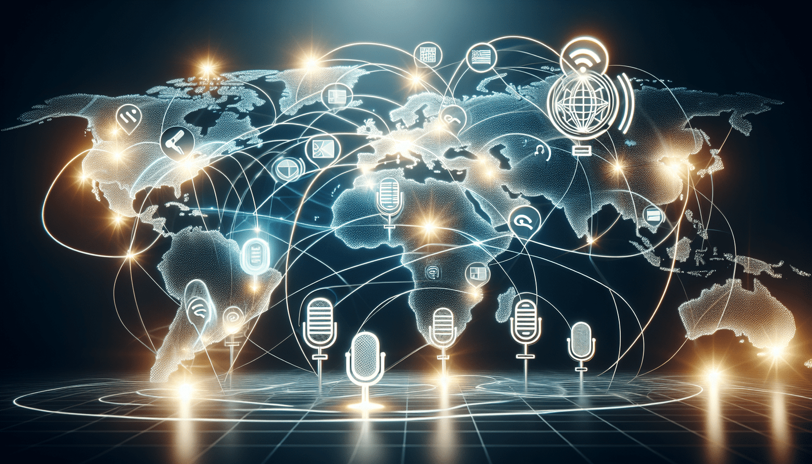 Une carte du monde stylisée avec des lignes lumineuses et des icônes de microphones et de drapeaux flottant au-dessus des continents, illustrant la capacité multilingue et la connectivité globale de Voxtral. L'esthétique est celle d'un réseau mondial de communication alimenté par l'IA.