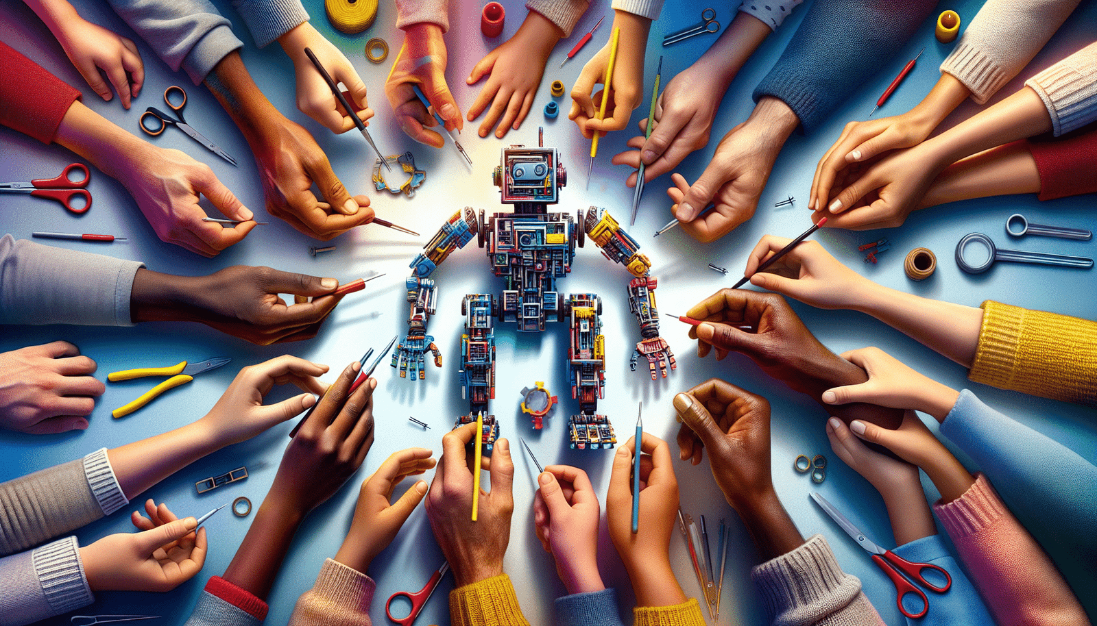 A vibrant, community-focused illustration showing hands of various ages (children, teens, adults) collaboratively assembling parts of the Reachy Mini robot kit. The scene evokes teamwork, curiosity, and the joy of creation. In the background, subtle hints of classrooms or workshops. Bright, optimistic, diverse, hands-on learning theme.