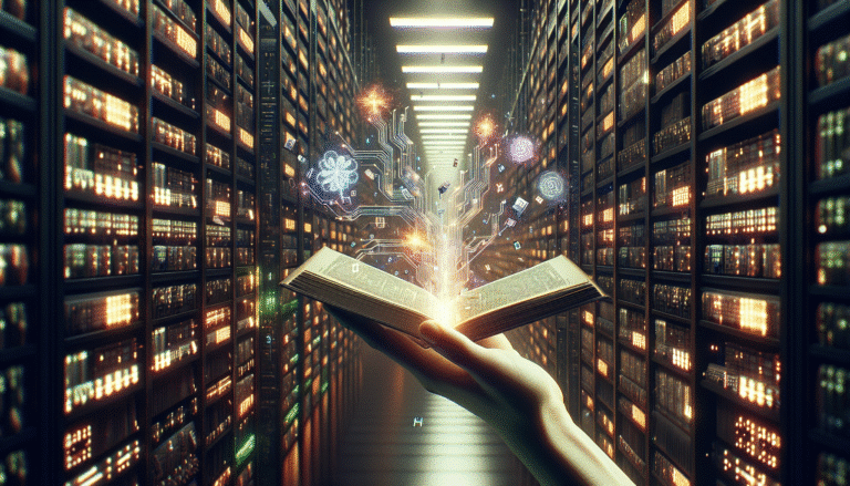 Une main humaine tenant un livre ouvert, d'où s'échappent des symboles de code et des circuits imprimés lumineux, se fondant dans des mots qui flottent. En arrière-plan, une bibliothèque futuriste aux étagères infinies. Lumière douce, couleurs vives et éthérées. Style réaliste, onirique avec une touche de cyber-punk.