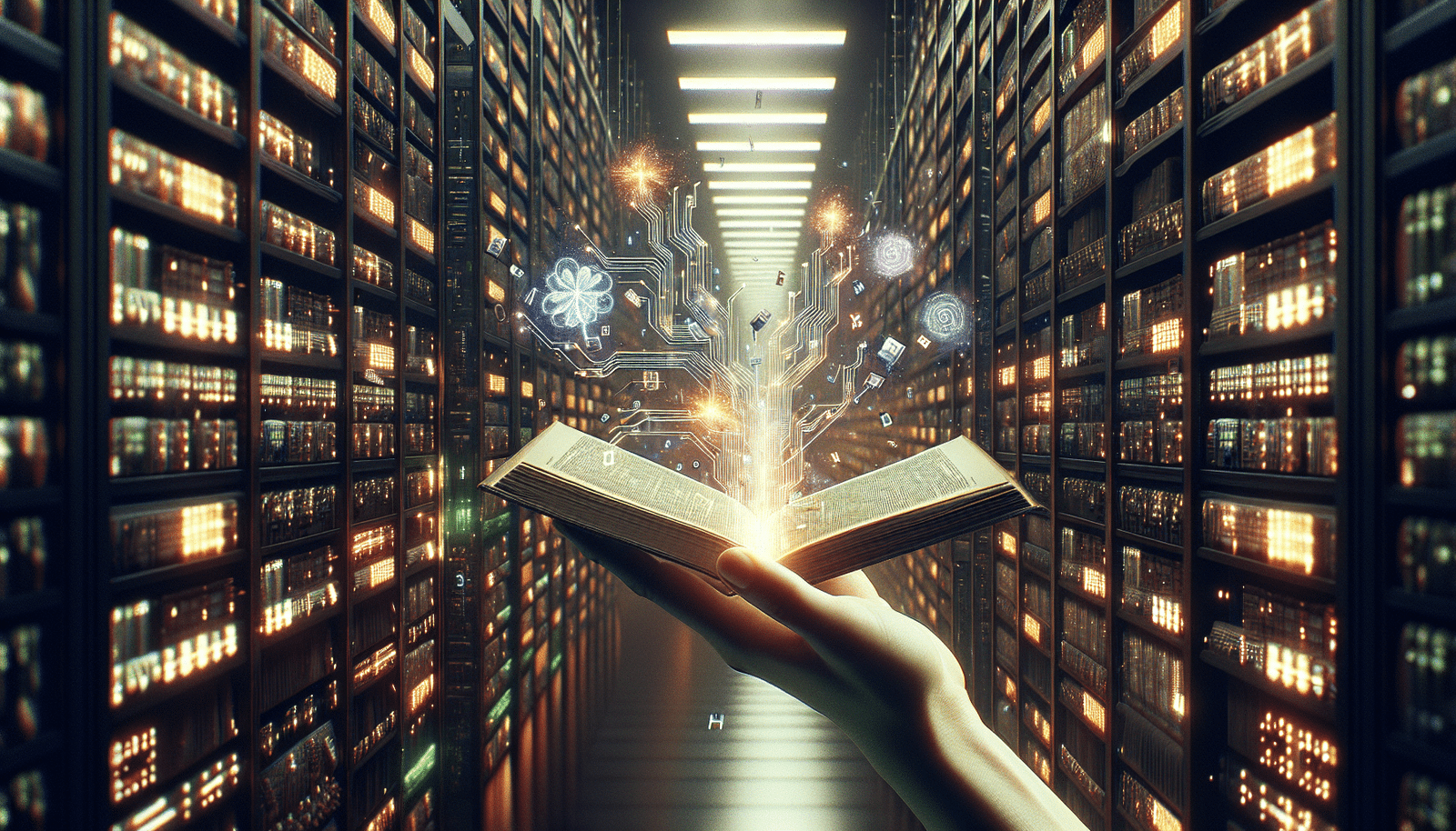 Une main humaine tenant un livre ouvert, d'où s'échappent des symboles de code et des circuits imprimés lumineux, se fondant dans des mots qui flottent. En arrière-plan, une bibliothèque futuriste aux étagères infinies. Lumière douce, couleurs vives et éthérées. Style réaliste, onirique avec une touche de cyber-punk.