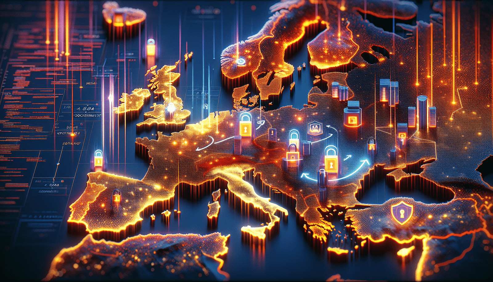 Une carte de l'Europe stylisée avec des centres de données lumineux et des flèches sécurisées pointant vers l'intérieur, symbolisant la souveraineté des données et le respect du RGPD. Des verrous numériques ou des boucliers sont intégrés dans le design. Style graphique, épuré, couleurs vives.