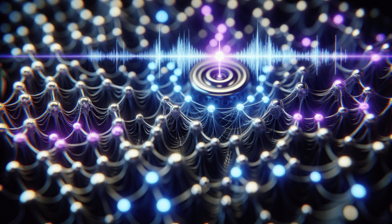 Un réseau neuronal stylisé avec des ondes sonores bleues et violettes traversant des noeuds lumineux, symbolisant l'intelligence artificielle audio open source. L'image doit évoquer la flexibilité, la démocratisation et le potentiel illimité de cette technologie.