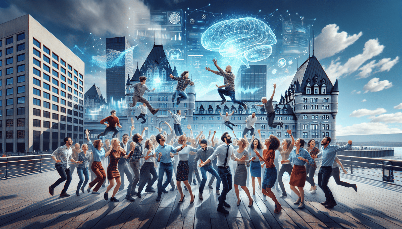 Une foule diversifiée de professionnels et chercheurs engagés dans une conférence sur l'IA, avec des projections holographiques de données et de schémas neuronaux dans l'air. L'ambiance est énergique et collaborative, mettant en scène le Terminal de croisières du Port de Québec en arrière-plan. Couleurs vives et dynamiques.