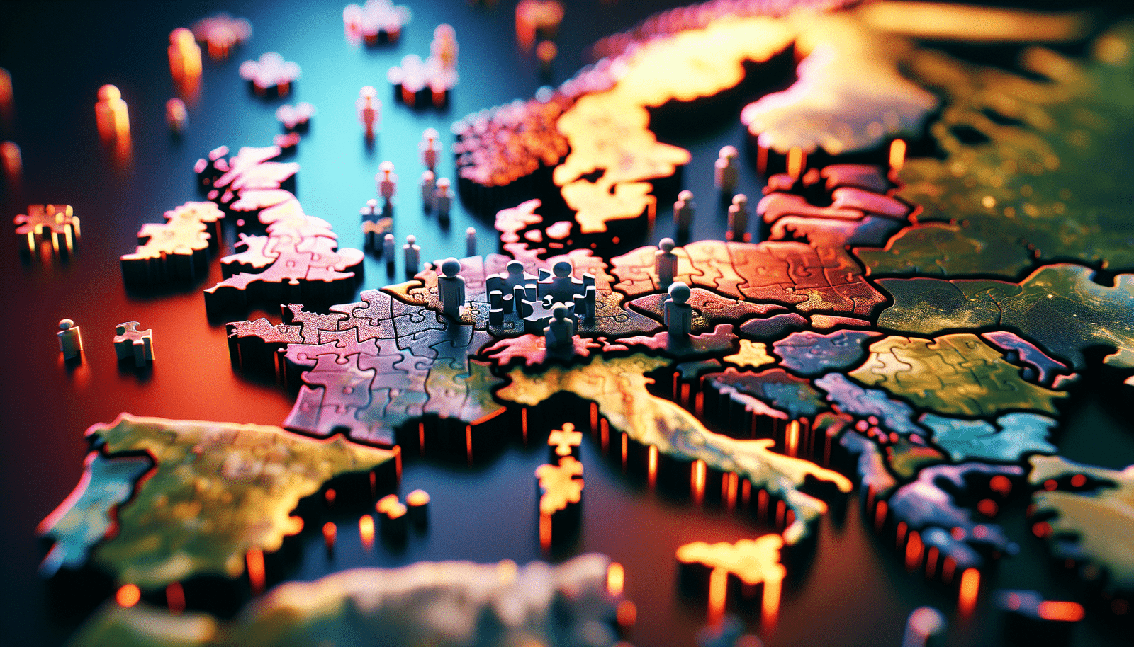 Un puzzle représentant la carte de l'Europe, avec des pièces d'intelligence artificielle qui s'éloignent, symbolisant la "fuite des cerveaux" ou le ralentissement de l'innovation. Couleurs vives mais avec une touche de mélancolie. Vue aérienne.