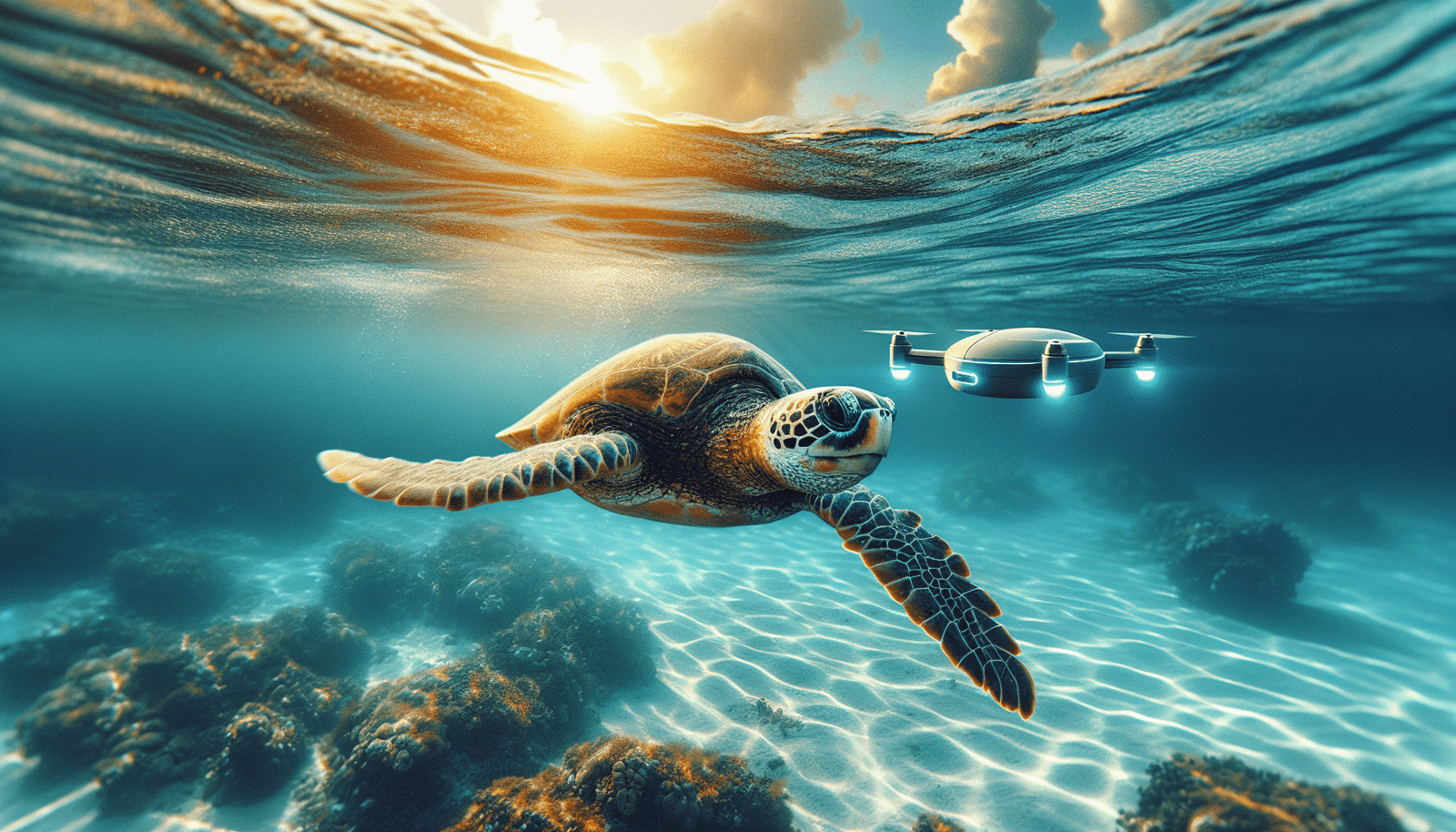 Un drone sous-marin futuriste équipé de caméras, nageant près d'une majestueuse tortue de mer dans des eaux cristallines. L'image doit capturer l'élégance de la tortue et la technologie discrète du drone. Style réaliste, sous-marin, éclairage naturel, couleurs bleues et vertes dominantes.