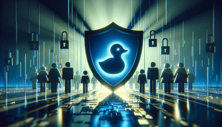 Image d'un bouclier numérique stylisé avec le logo de DuckDuckGo en son centre, protégeant des symboles de données personnelles (silhouettes d'utilisateurs, icônes de cadenas) des rayons lumineux représentant le pistage et la publicité ciblée. Lumières bleues et vertes, ambiance futuriste et sécurisée.