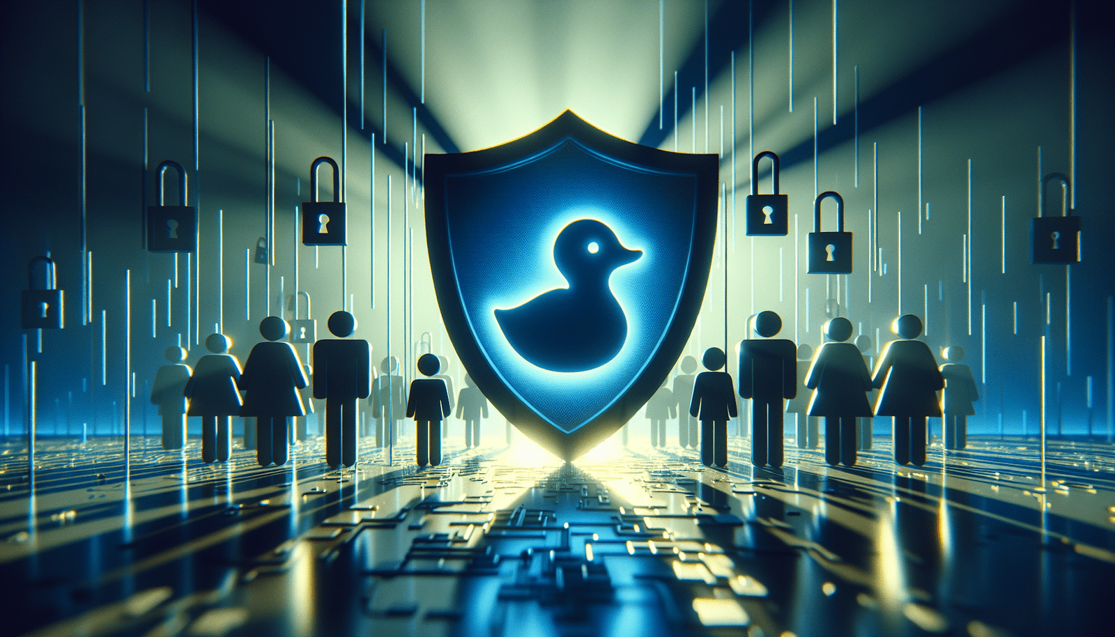 Image d'un bouclier numérique stylisé avec le logo de DuckDuckGo en son centre, protégeant des symboles de données personnelles (silhouettes d'utilisateurs, icônes de cadenas) des rayons lumineux représentant le pistage et la publicité ciblée. Lumières bleues et vertes, ambiance futuriste et sécurisée.