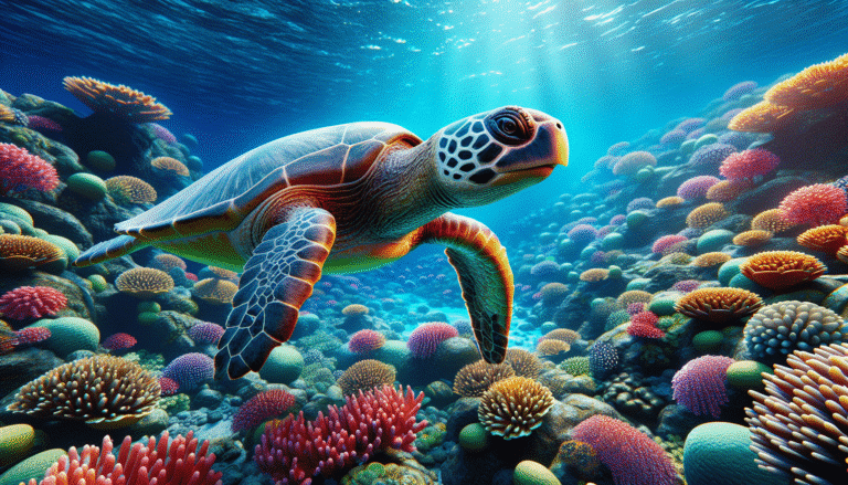 Une tortue marine majestueuse nage gracieusement dans des eaux cristallines au milieu de récifs coralliens vibrants, avec un léger halo numérique subtil autour d'elle, suggérant la présence de technologie IA bienveillante. Lumière solaire filtrée depuis la surface, ambiance sereine et protectrice.