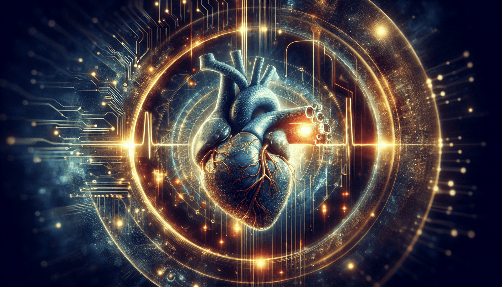Un concept visuel abstrait montrant un cœur humain fusionnant avec des circuits numériques complexes, entouré de lignes de données lumineuses et de graphiques. Symbole de la synergie entre la biologie humaine et l'intelligence artificielle. Ambiance futuriste, couleurs or et bleu profond.