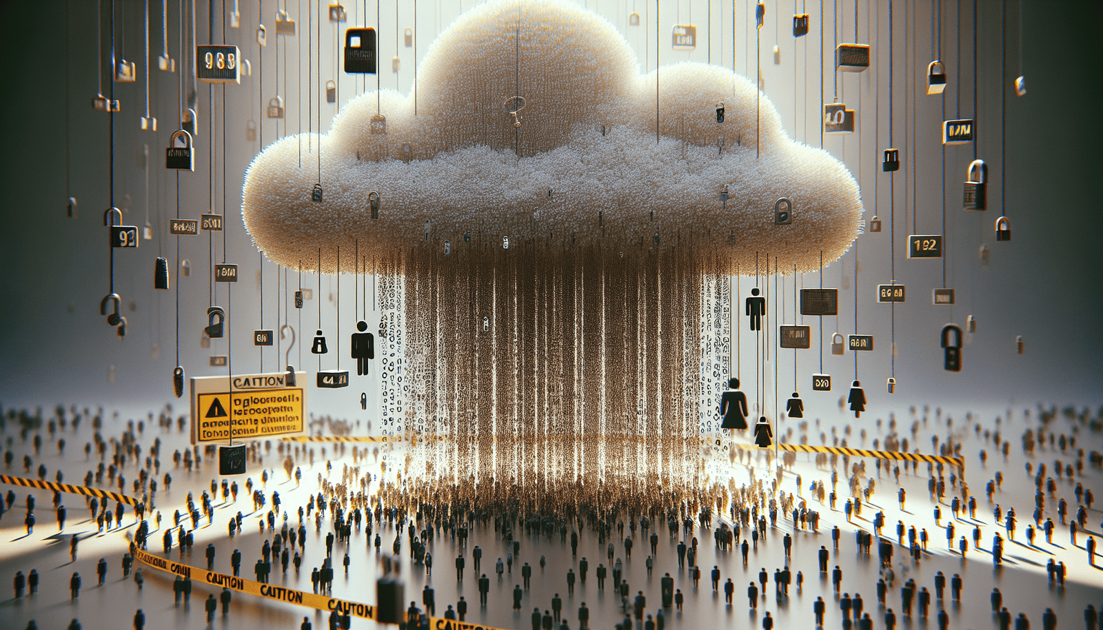 A visual representation of a massive data leak, with digital zeroes and ones cascading from a cloud, forming a large "64M" number, with tiny silhouettes of human profiles/CVs mixed in. The scene should evoke concern and the vast scale of exposed information, perhaps with a digital "caution" tape.