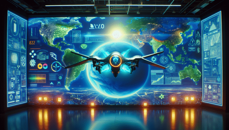 Un drone futuriste élégant et lumineux survolant une planète Terre stylisée, avec des symboles de données et de durabilité en arrière-plan, dans des tons bleus et verts vifs. Style: Cyberpunk, tech futuriste, 3D render, haute résolution, couleurs vibrantes.
