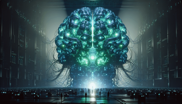 Une illustration abstraite et inquiétante, où des lignes de code et des circuits imprimés s'entremêlent pour former un cerveau robotique géant et lumineux au centre. Des ombres menaçantes, de grande taille, se projettent sur des silhouettes humaines minuscules et vulnérables en arrière-plan, symbolisant le pouvoir croissant et incontrôlable de l'IA. L'ambiance est sombre, avec des lueurs vertes ou bleues émanant de la machine, créant un sentiment d'intrigue et de menace.