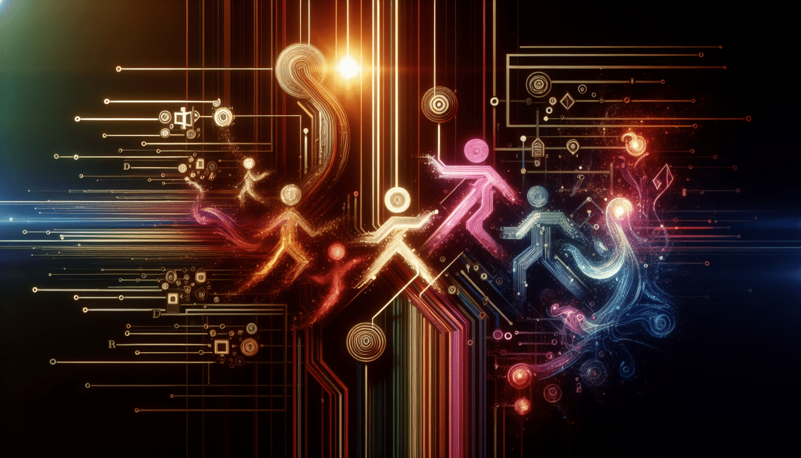 Une visualisation abstraite de l'intersection entre la technologie et l'émotion humaine, avec des lignes de code et des circuits se transformant en formes douces et des symboles de connexion. Couleurs vibrantes et dynamiques.