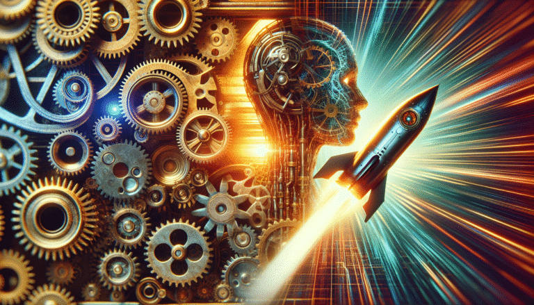 Dynamic image illustrating the concept of AI as a double-edged sword: one side showing complex, interconnected gears slowing down, the other side showing a sleek, futuristic rocket taking off with a digital human silhouette inside, all within a vibrant tech landscape, high contrast, golden hour lighting.