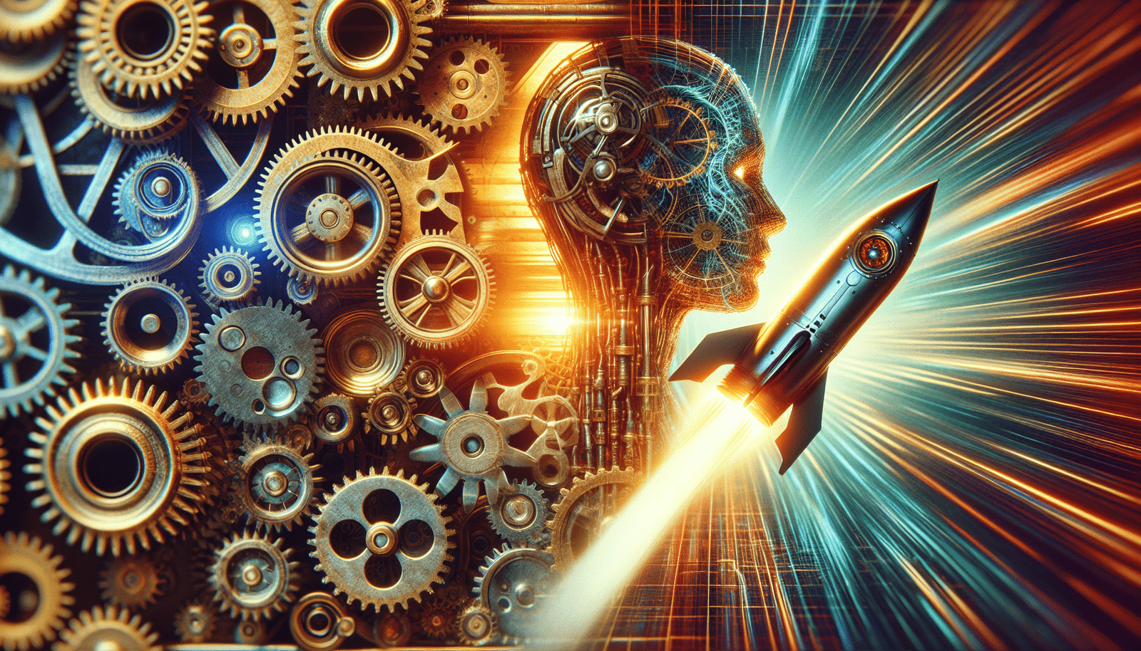 Dynamic image illustrating the concept of AI as a double-edged sword: one side showing complex, interconnected gears slowing down, the other side showing a sleek, futuristic rocket taking off with a digital human silhouette inside, all within a vibrant tech landscape, high contrast, golden hour lighting.