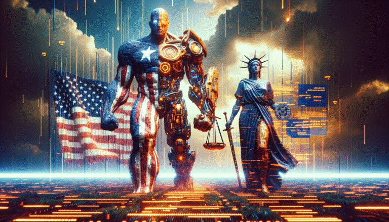 Un affrontement visuel stylisé entre deux figures géantes symbolisant les États-Unis (avec des éléments technologiques futuristes) et l'Union Européenne (avec des symboles de réglementation et de justice), séparées par un champ de données et d'algorithmes lumineux, sur fond d'un ciel orageux numérique.