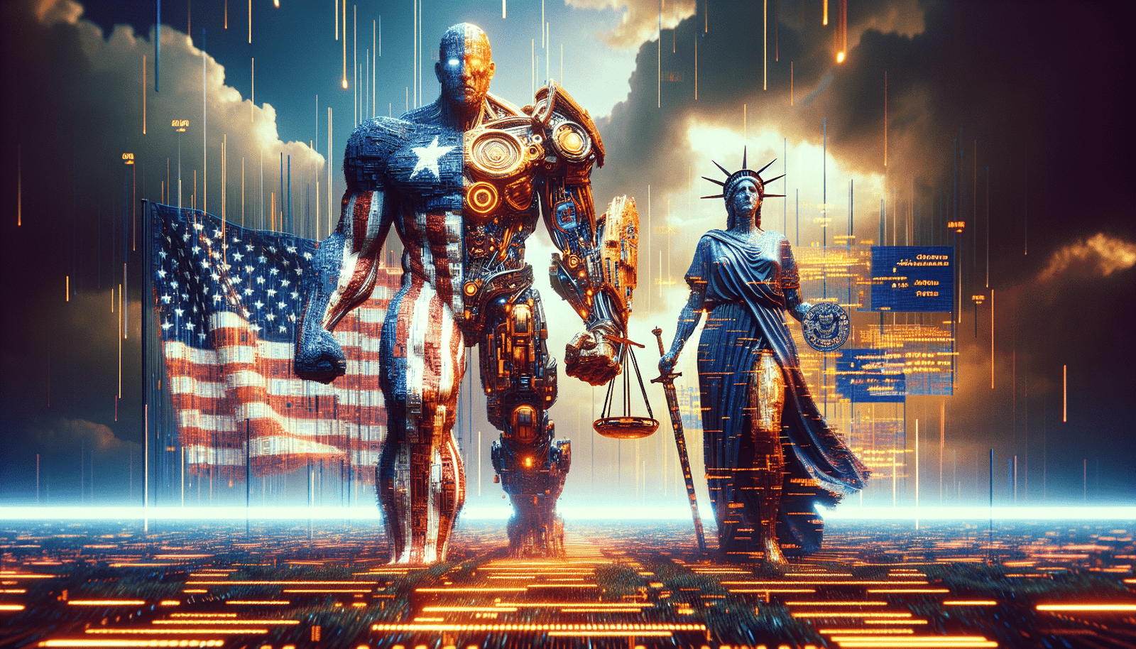 Un affrontement visuel stylisé entre deux figures géantes symbolisant les États-Unis (avec des éléments technologiques futuristes) et l'Union Européenne (avec des symboles de réglementation et de justice), séparées par un champ de données et d'algorithmes lumineux, sur fond d'un ciel orageux numérique.