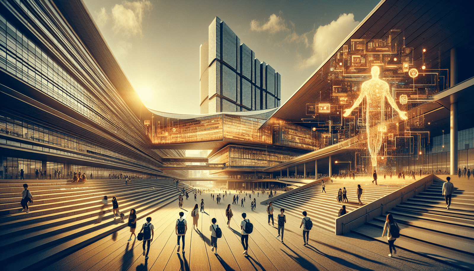 A futuristic, sleek university campus building in Hong Kong, with students walking around, some with glowing holographic elements representing data streams or AI algorithms. Emphasize innovation and higher education excellence. Focus on modern architecture and a vibrant academic atmosphere.