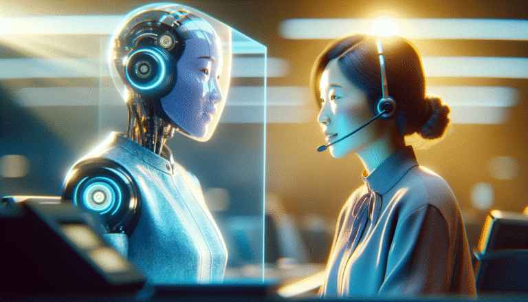 Une interface futuriste de centre d'appels où un agent humain interagit avec un hologramme représentant une IA, le tout dans un environnement lumineux et moderne, symbolisant la collaboration harmonieuse et fluide entre l'homme et la machine. Teintes bleues et violettes dominantes, effet de transparence.