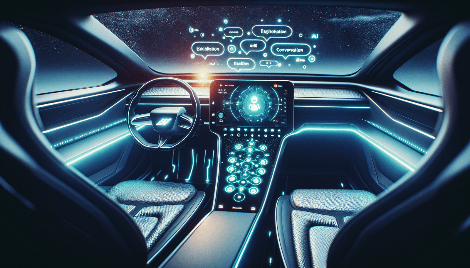 Une Tesla futuriste avec un écran intérieur affichant une interface IA conversationnelle lumineuse et engageante, le tout dans un style science-fiction réaliste avec des touches de néon bleu.