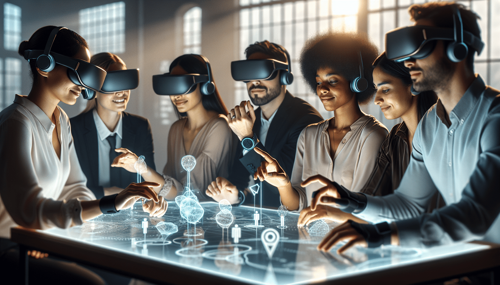 Un groupe diversifié de professionnels (hommes et femmes, de différents âges et ethnies) est assis autour d'une table interactive holographique, avec des interfaces IA flottantes autour d'eux. Ils sont engagés dans un apprentissage collaboratif, utilisant des casques VR/AR légers et des gants haptiques pour interagir avec des modèles 3D complexes d'IA. L'ambiance est lumineuse, futuriste et optimiste, symbolisant l'éducation continue et l'empowerment grâce à la technologie. Des symboles de diplômes et de neurones connectés sont subtilement intégrés dans le design.