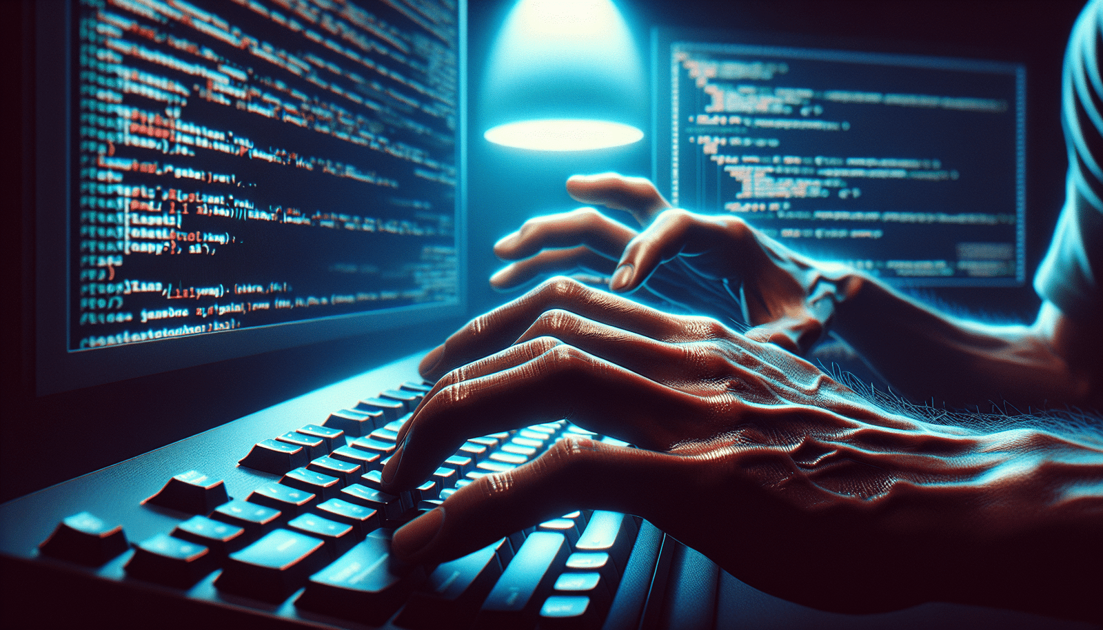 Gros plan sur les mains d'un programmeur (Psyho) tapant frénétiquement sur un clavier rétroéclairé, avec des lignes de code complexes défilant rapidement sur un écran en arrière-plan, suggérant une intense concentration et une course contre la montre. Lumières bleues et violettes intenses, ambiance de fin de compétition.