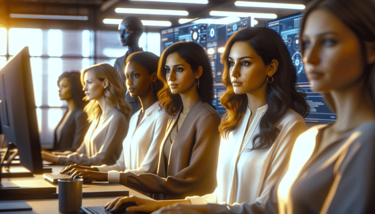A diverse group of female AI professionals collaborating in a modern tech office, with abstract AI visual elements subtly integrated, conveying innovation and inclusivity. Soft, empowering lighting and a sense of progress.