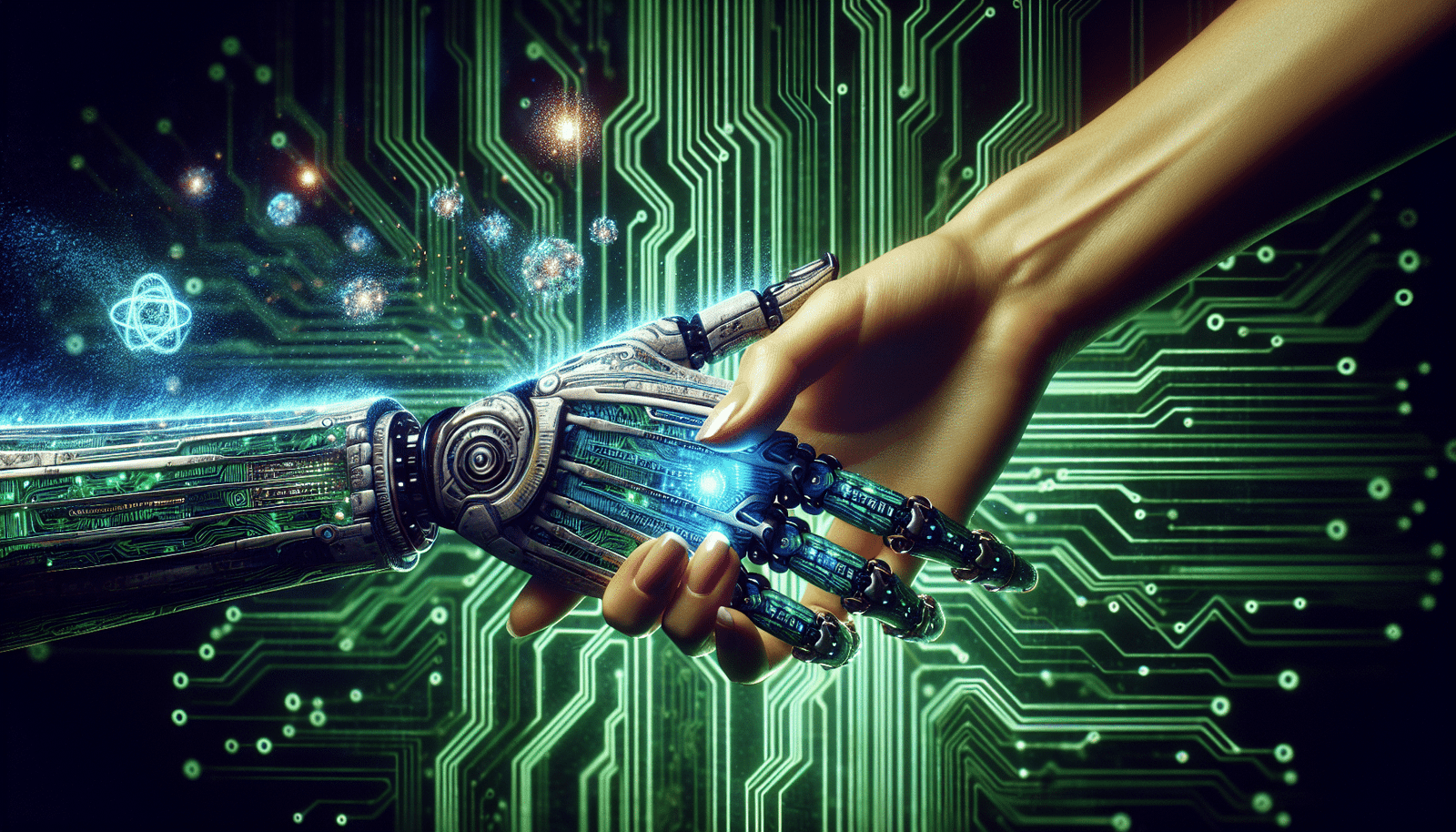 Un concept visuel montrant des mains humaines et robotiques se serrant au-dessus d'un tableau de circuits imprimés lumineux, avec des symboles de données binaires et de particules quantiques flottant autour. L'accent est mis sur l'innovation, le partenariat et la fusion des technologies IA et quantiques. Couleurs bleu électrique et violet.