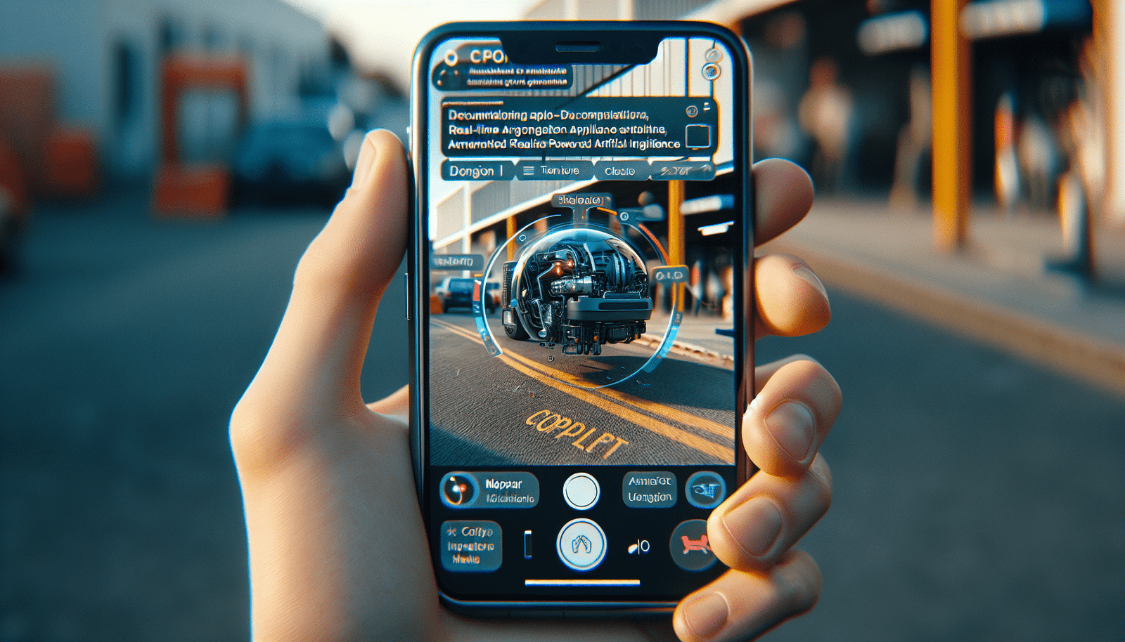 A hand holding a modern smartphone, with the phone's camera pointed at a complex object like a broken appliance or a foreign street sign. On the phone screen, the Copilot interface shows real-time augmented reality overlays providing explanations, repair instructions, or translations, all powered by AI. The background is slightly blurred to emphasize the interactive screen.
