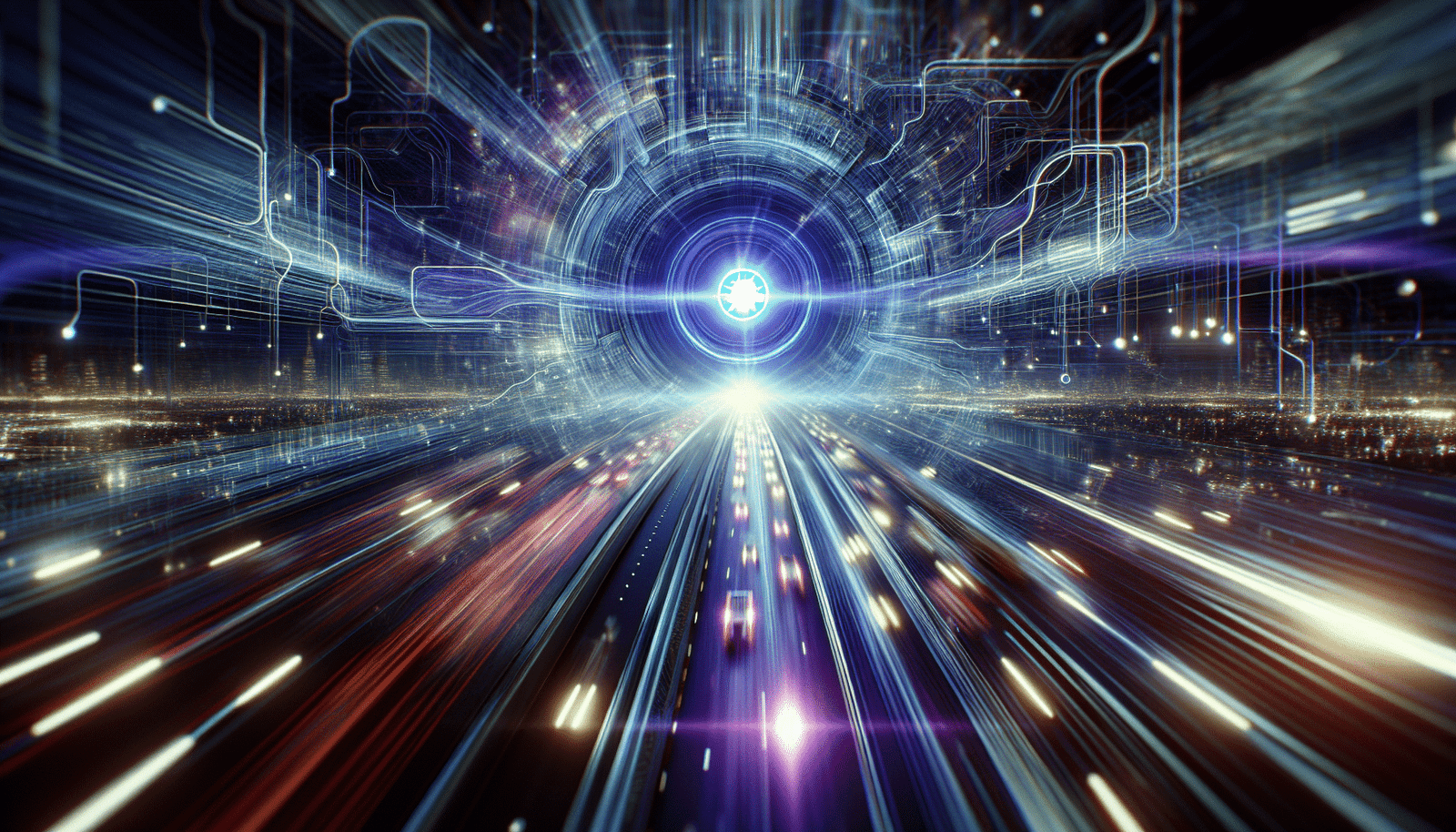 Une autoroute numérique stylisée avec un flux dense de données convergentes vers une icône lumineuse de chatbot ChatGPT au centre, symbolisant le trafic direct massif et l'intentionnalité des utilisateurs. Nuances de bleu et violet, style abstrait.