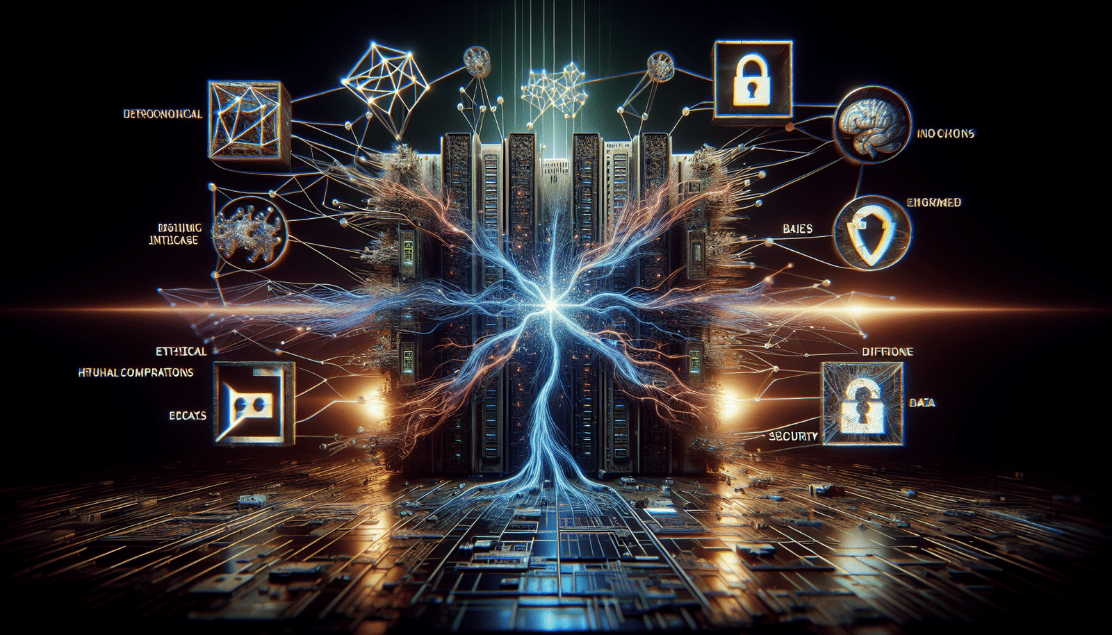 Conceptual image of a massive supercomputer with glowing energy lines flowing into a complex neural network, but parts of the network are visibly tangled or broken, surrounded by abstract symbols representing ethical dilemmas, data biases, and security locks, conveying a sense of challenge and constraint, dark futuristic atmosphere, neon accents.