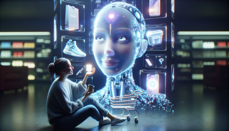 A vibrant, futuristic illustration of a person interacting with ChatGPT on a screen, surrounded by holographic product images (shoes, gadgets, books) floating in the air, with shopping cart icons. The person looks delighted and in control. Style: Digital art, clean lines, glowing elements, soft ambient light.