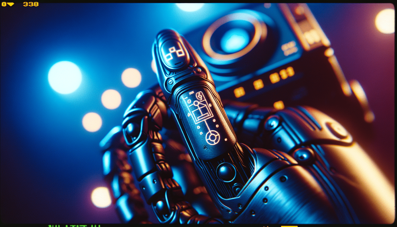 Une main robotique futuriste portant le logo de l'OTAN et le logo de Palantir, symbolisant une alliance technologique militaire. Lumières bleues et cybernétiques en arrière-plan, évoquant l'innovation et la sécurité.