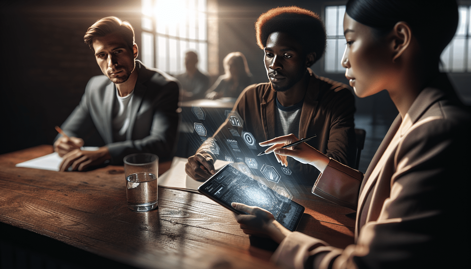A diverse group of journalists from different age groups and backgrounds gathered around a table, actively discussing and brainstorming. One person points to a tablet displaying complex data, while others take notes. The overall mood is collaborative and forward-thinking, with subtle digital elements and thought bubbles symbolizing innovation.