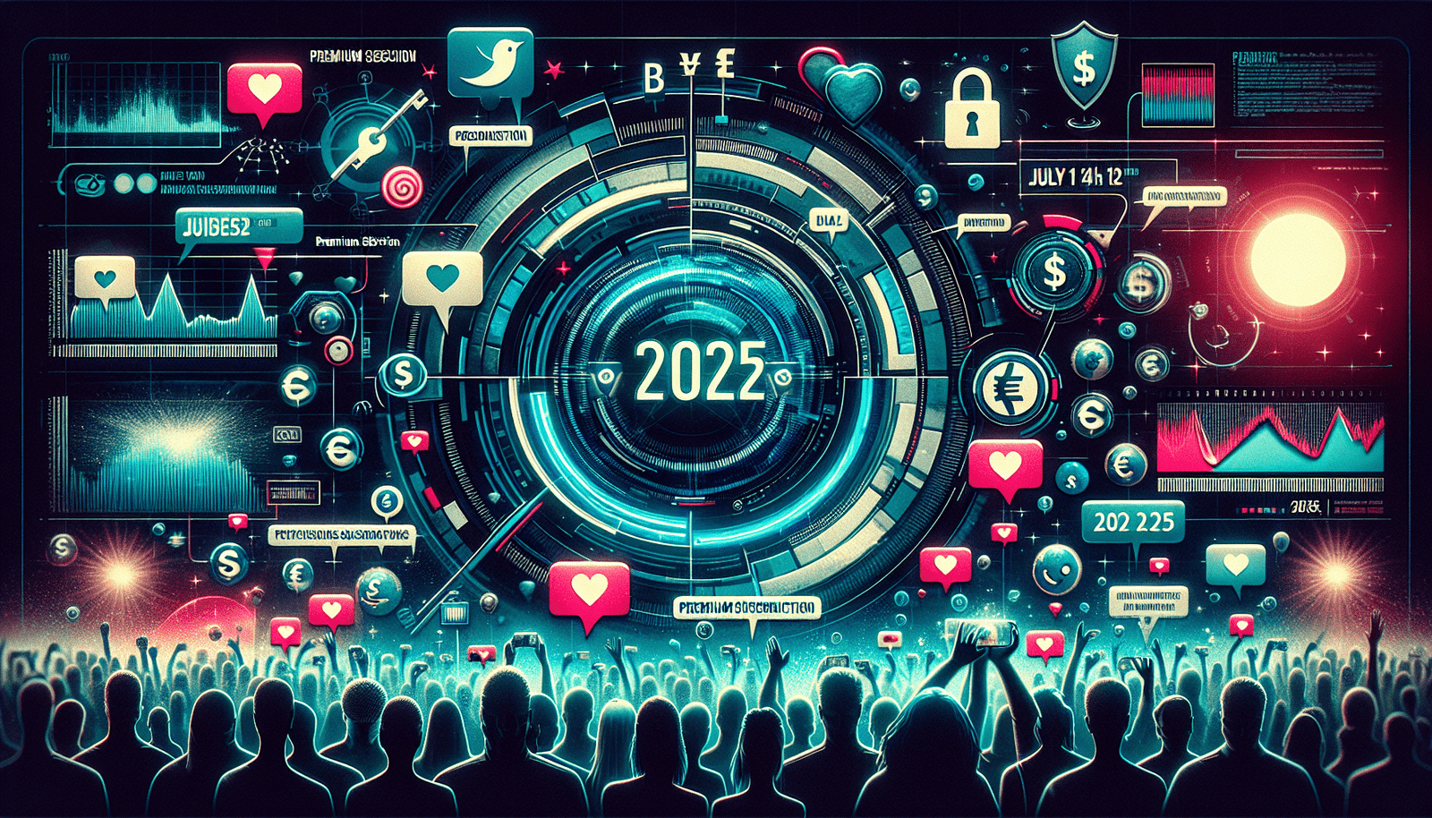 Une infographie stylisée présentant une timeline futuriste avec le 14 juillet 2025 marqué comme un point clé. Des éléments visuels évoquent le logo de X (Twitter) et le concept d'abonnement premium (symbole euro/dollar, cadenas). Des silhouettes d'utilisateurs avec des bulles de réaction variées (cœurs, points d'interrogation, émojis choqués) flottent autour, symbolisant l'accueil diversifié du public. Couleurs vives et dynamiques.