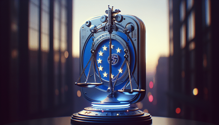 A futuristic digital scale balancing a blue shield with EU stars on one side and a stylized Meta logo on the other, both related to artificial intelligence concepts. The background is a blurred cityscape of a European metropolis at dusk, symbolizing innovation and regulation.