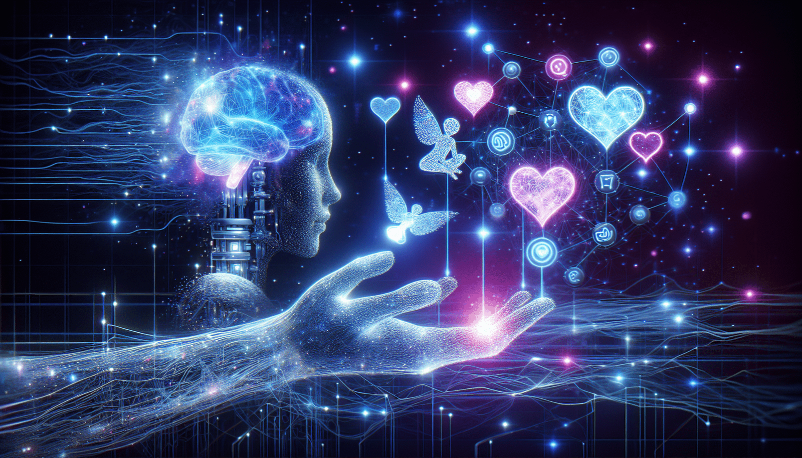Une représentation abstraite et futuriste de l'intelligence artificielle interagissant avec des symboles de connexion humaine et émotionnelle (cœurs, bulles de dialogue, réseaux neuronaux), dans des tons bleus et violets doux, avec un effet de néon et de particules lumineuses. Style conceptuel et bienveillant, esprit d'optimisme.