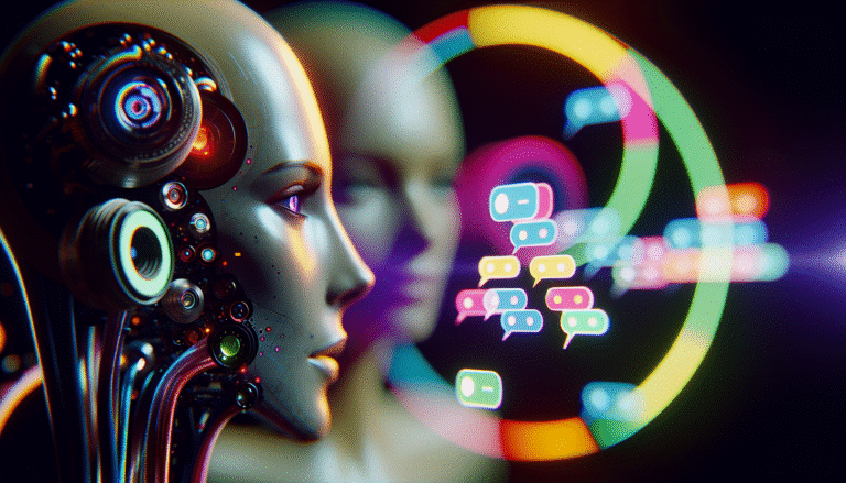 Une illustration futuriste et élégante d'une interface de chat IA avec des bulles de conversation colorées et fluides, et une figure humaine stylisée en arrière-plan, symbolisant l'interaction personnalisée. Lumière douce et atmosphère apaisante.