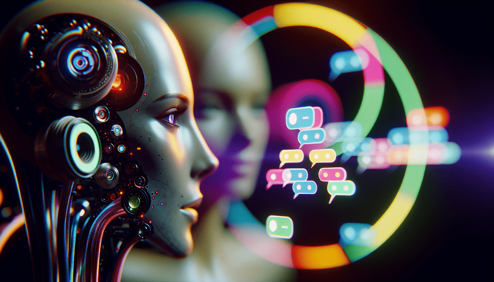 Une illustration futuriste et élégante d'une interface de chat IA avec des bulles de conversation colorées et fluides, et une figure humaine stylisée en arrière-plan, symbolisant l'interaction personnalisée. Lumière douce et atmosphère apaisante.