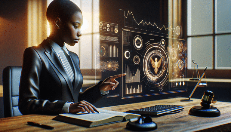 Une image conceptuelle montrant un avocat utilisant une interface futuriste d'IA, avec des graphiques et des données juridiques complexes simplifiées. La scène est lumineuse et professionnelle, symbolisant l'efficacité et l'innovation dans un bureau d'avocats.