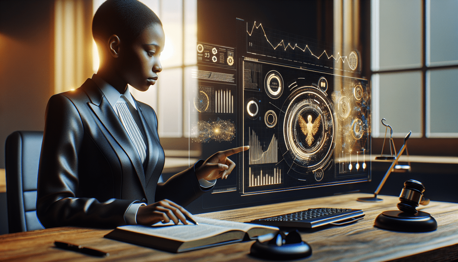 Une image conceptuelle montrant un avocat utilisant une interface futuriste d'IA, avec des graphiques et des données juridiques complexes simplifiées. La scène est lumineuse et professionnelle, symbolisant l'efficacité et l'innovation dans un bureau d'avocats.