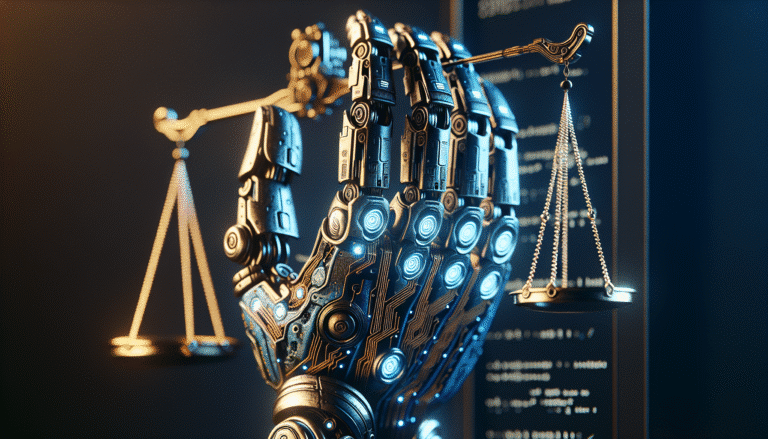 Une main robotique stylisée tenant les plateaux d'une balance de justice équilibrée, avec des circuits neuronaux lumineux intégrés. L'ambiance est futuriste et sérieuse, avec des éléments de code discrets en arrière-plan. Couleurs : bleu et or. Style cyberpunk élégant.