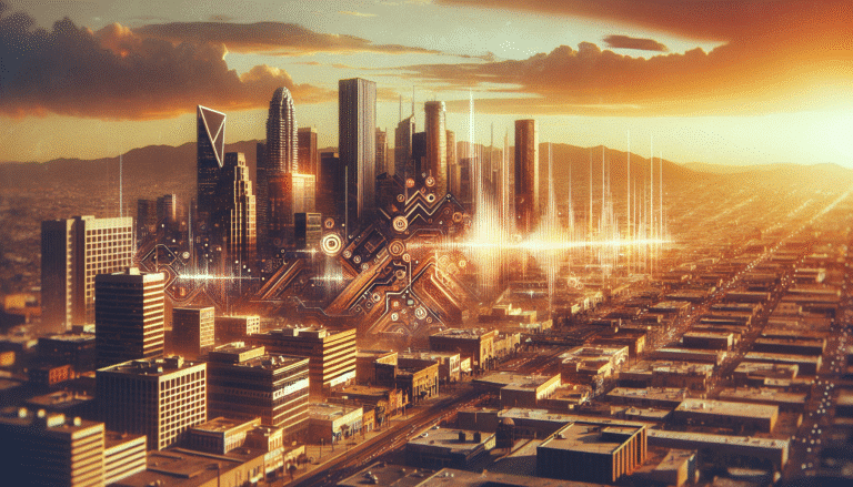 A vibrant, futuristic cityscape at sunset, with digital voice waves emanating from various buildings and devices, symbolizing the omnipresence of AI voice technology. A subtle Meta logo could be integrated into the sky or buildings, showcasing a blend of technology and urban life.