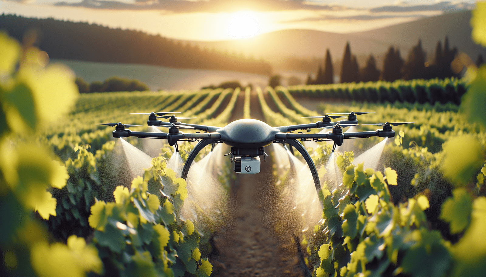 Un drone pulvérisateur autonome, léger et élégant, appliquant avec précision une fine brume sur une rangée de vignes dans un champ verdoyant, au coucher du soleil. L'éclairage est doux, mettant en valeur l'aspect technologique et durable.