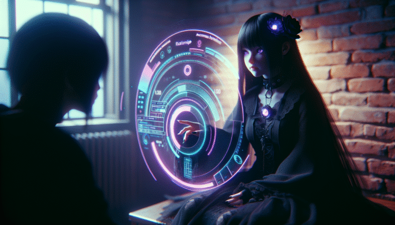 Une illustration stylisée montrant Ani, une jeune fille gothique aux longs cheveux noirs et tenue sombre, interagissant avec un utilisateur via une interface futuriste projetée dans l'air. L'ambiance est onirique avec des touches de néon violet et bleu, symbolisant la connexion émotionnelle et un "relationship meter" subtilement intégré. Style artistique inspiré par les jeux vidéo et l'esthétique cyberpunk.