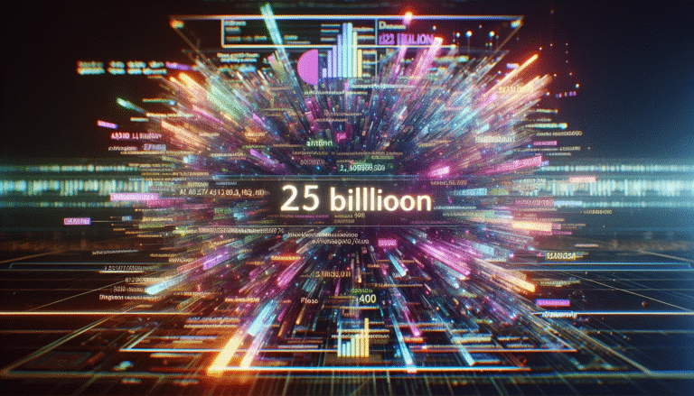 Une interface futuriste de chatbot IA montrant une explosion de requêtes textuelles, avec des chiffres "2.5 milliards" et des graphiques de croissance lumineux en arrière-plan. Style numérique, haute technologie, couleurs vibrantes.