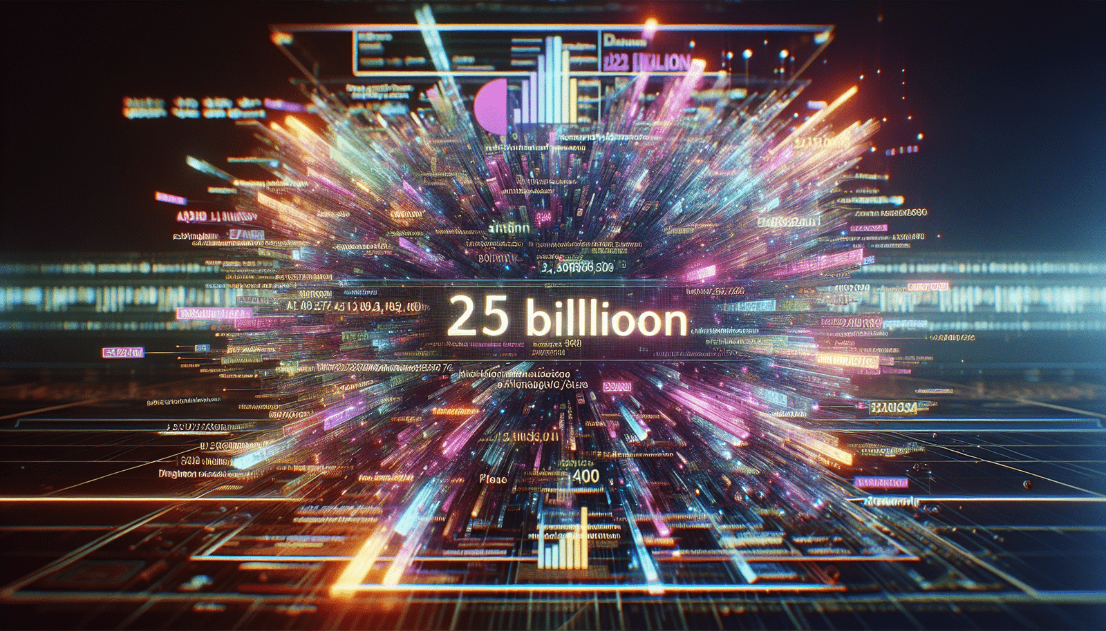 Une interface futuriste de chatbot IA montrant une explosion de requêtes textuelles, avec des chiffres "2.5 milliards" et des graphiques de croissance lumineux en arrière-plan. Style numérique, haute technologie, couleurs vibrantes.
