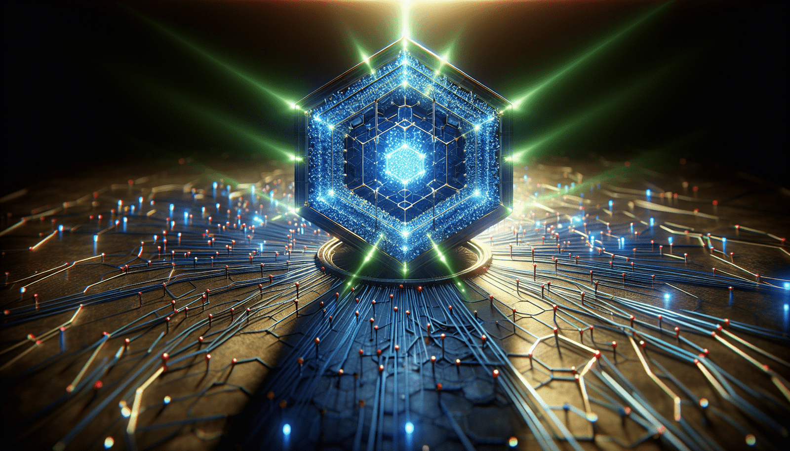 Un bouclier hexagonal lumineux, fait de particules de données bleues, protégeant un réseau complexe de lignes et de points. Des rayons de lumière vert vif émanent du bouclier, repoussant des ombres menaçantes. Représente la cybersécurité augmentée par l'IA défensive.